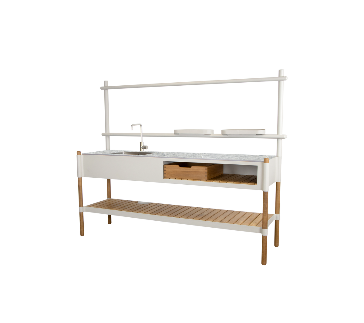 Modern kitchen unit featuring a marble countertop, storage drawers, and an open shelf supported by wooden legs.